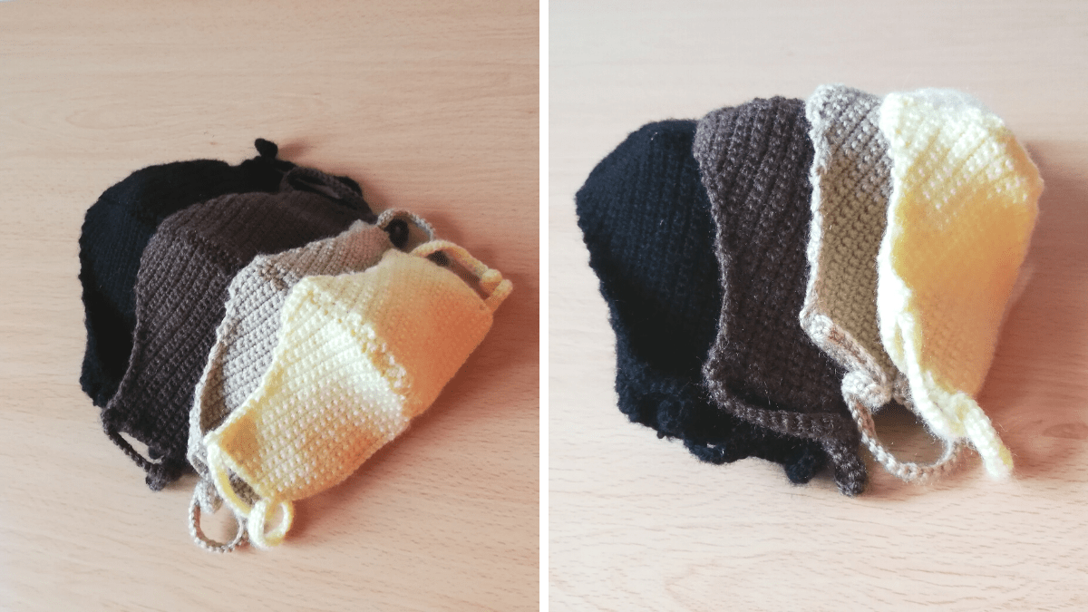 Crochet Face Mask Pattern with filter insert slot all 4 sizes layed out left diagonal on the right image and shown side ways on the left photo